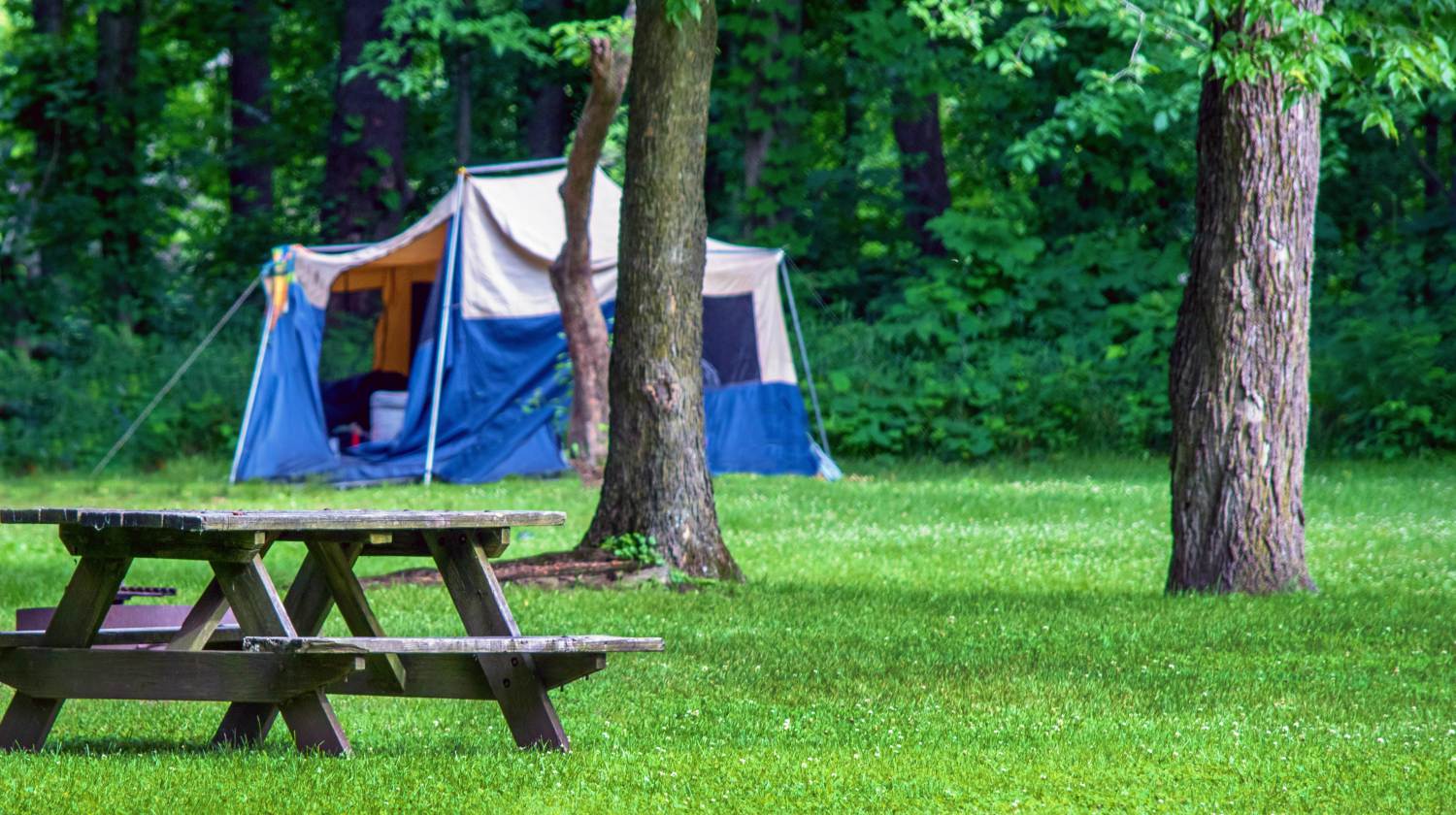 Feature | A tent is set up in an Indiana park, near a picnic table and a grove of tree | Best Campgrounds In Indiana
