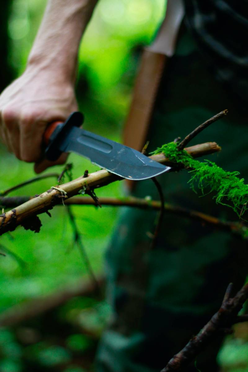man holding hunting knife near twig | Wisconsin Knife Laws