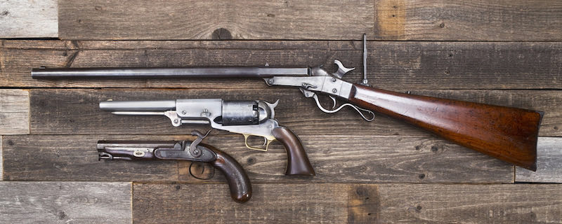 Antique American Civil War era rifle and pistols | navy revolver