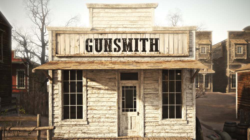 Western town rustic gunsmith weapons and ammunition's supply store-ss