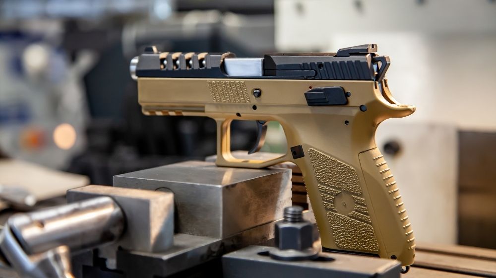 A modern pistol with a beige grip on a work table | Is the FN 509 Gun For You?| Featured