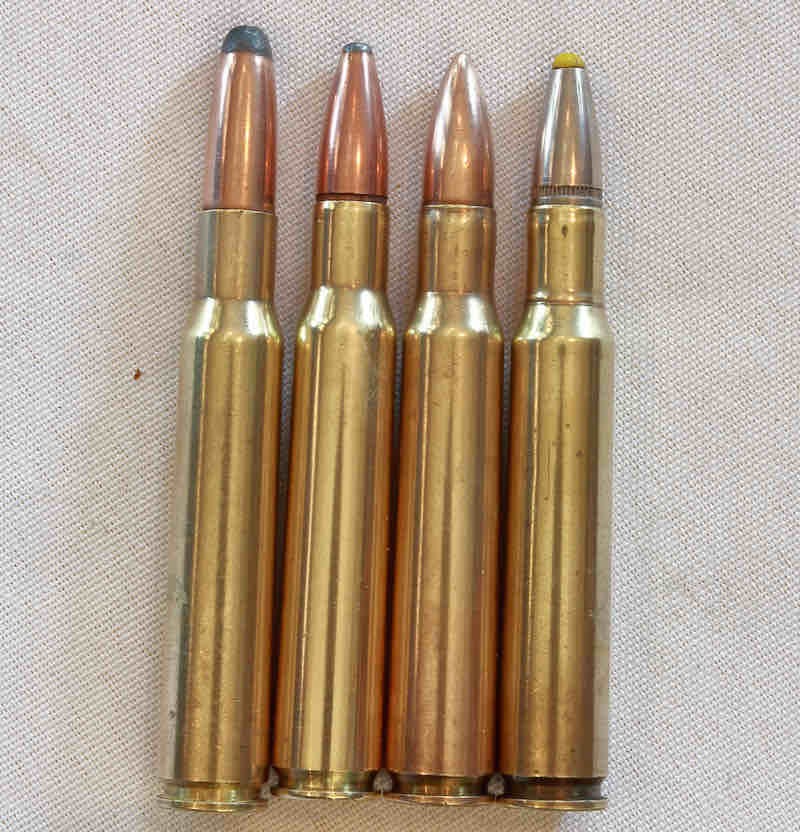 a close-up photo comparing four 30-06 | rubber tipped bullets
