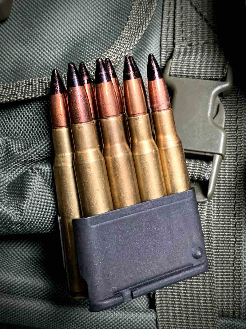 bloc clip with eight 30-06 black tip cartridges | blue tipped bullets
