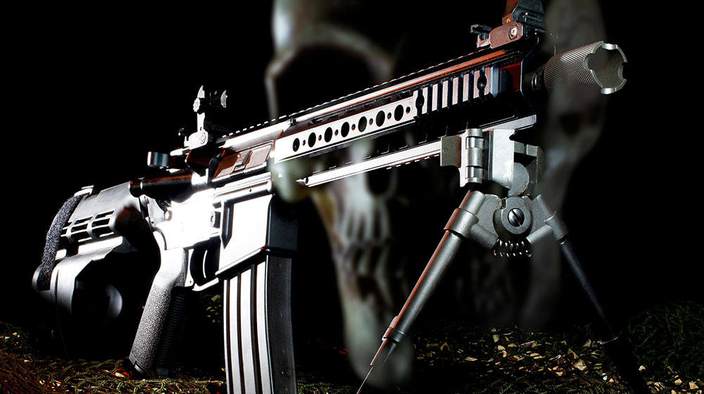 rendering of a pistol brace on an AR-15 with skull behind | ATF Stabilizing Braces | ATF Pistol Brace | featured