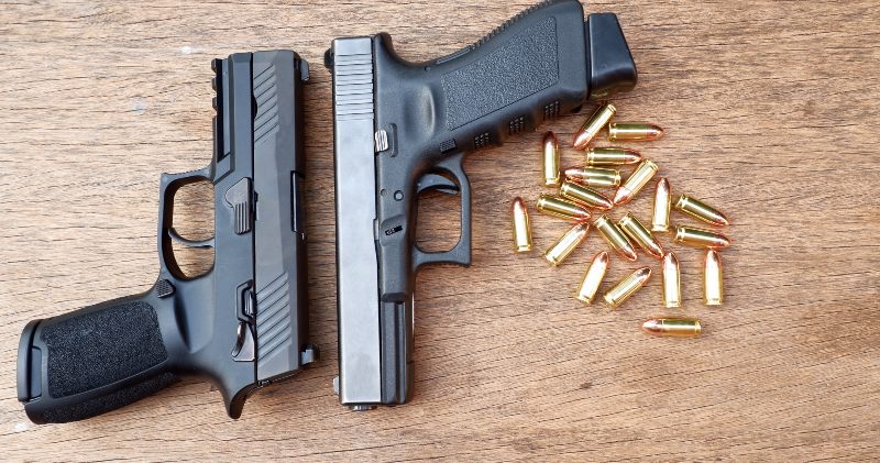9mm Handgun with Ammunition on Wooden Background | Single Stack 9mm