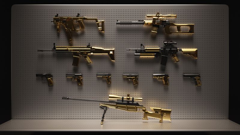 gold-black-firearms-display-3d-illustration Wall Organization for Guns 