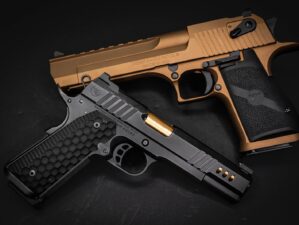 Best 9mm Handguns a gold and black gun on a black background
