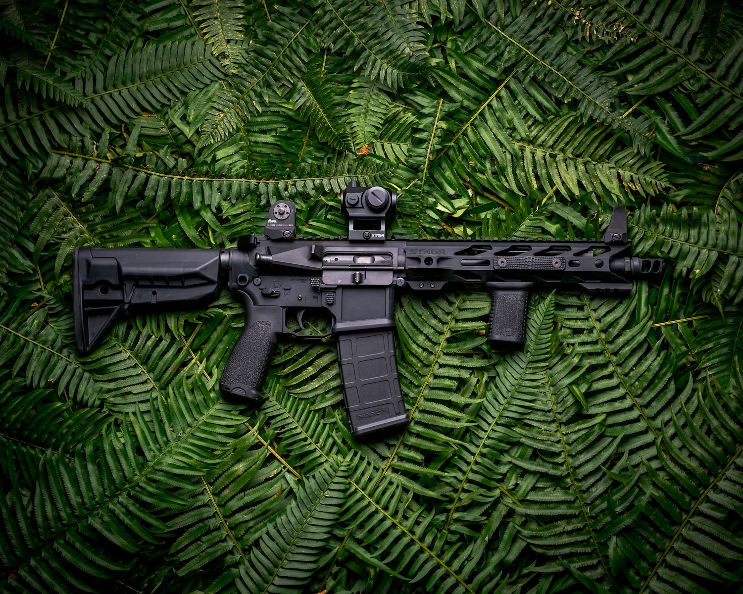Compact AR Build black rifle on green textile