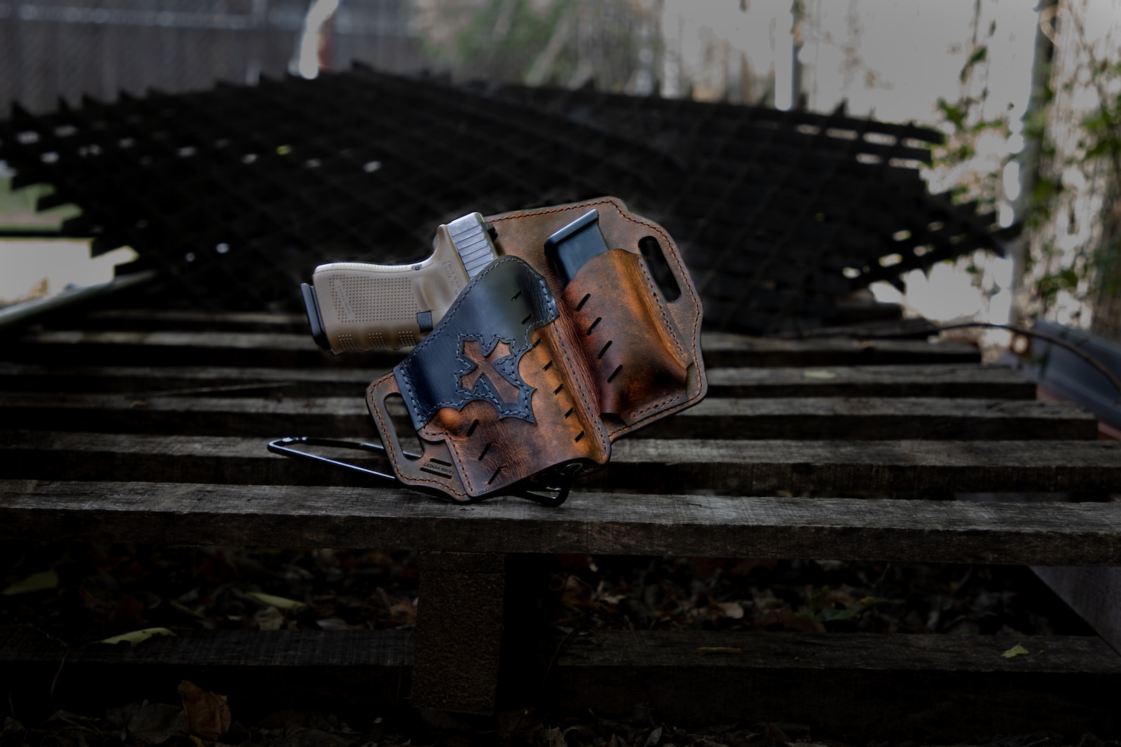 DeSantis holsters a pair of shoes on a bench